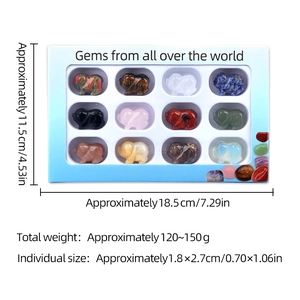 Set of 12 hand-carved gemstone pig figurines in a display box with size and weight specs