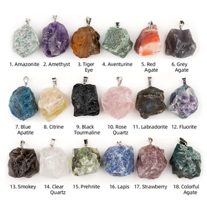 Pendentifs en cristal naturel brut en 18 variétés avec bélières argentées sur fond blanc