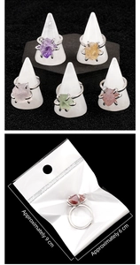 Detailed view of varied natural crystal rings and compact individual OPP bag packaging