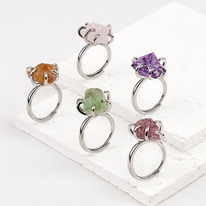 Set of raw natural crystal rings with adjustable silver claw settings on stone blocks