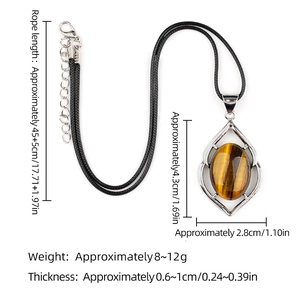 Oval tiger eye stone necklace pendant with silver metal frame on black cord strap