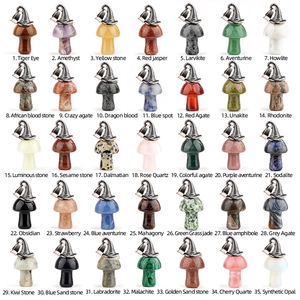 Set of 35 natural crystal mushroom pendants with witch hats in various gemstones.
