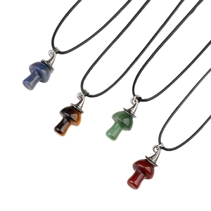 Set of four natural crystal mushroom necklaces with agate stone and witch hat style pendants