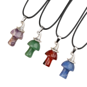 Set of four natural crystal mushroom pendants with retro woven rope necklaces