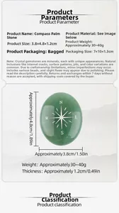 Detail view of a green aventurine compass palm stone with 3.8x4.8x1.2cm size markings