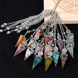 Chakra Tree of Life resin pendulum with natural healing crystal stones and metal chain