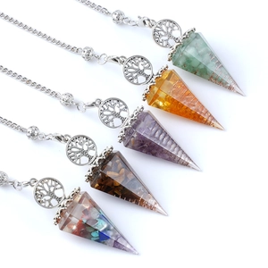 Tree of Life resin cone pendants with colorful crystal stones on silver chains