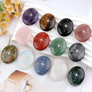 Natural crystal agate energy stones with engraved compass star patterns in a 12-piece set