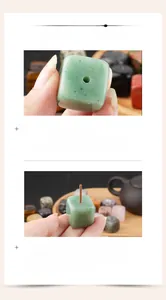 Macro detail of cube-shaped light green natural stone incense holder for home decor