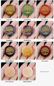 Detailed grid showing 25mm Tree of Life engraved natural crystal and agate gemstone discs