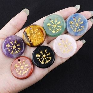 Viking Compass Vegvisir Pendant Natural Amethyst Tiger Eye Stone Round Disc Healing Crystal Nordic Ornament For Necklace