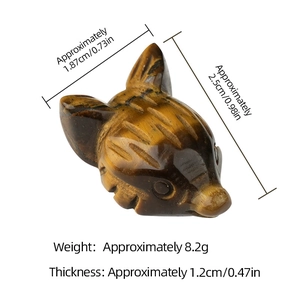 Hand-carved tiger eye stone fox head ornament with detailed dimensions and weight info