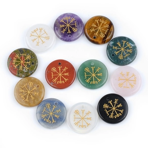 Set of 12 natural crystal Vegvisir pendants with gold engraved Viking compass symbols