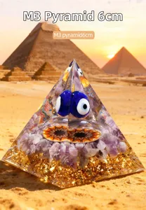 Detailed 6cm Orgone pyramid featuring amethyst stones and blue evil eye protection symbol