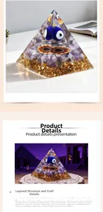 Macro view showing layered amethyst stones and evil eye bead inside the resin pyramid