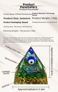 Detailed view of Orgone pyramid with Evil Eye, metal spiral, and gold foil base