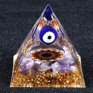 Natural Amethyst Crystal Orgone Energy Pyramid Evil Eye Mandala Resin Desktop Ornament For Meditation Home Office Decor