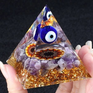 6cm Amethyst Orgone Pyramid with Evil Eye and gold foil healing crystal desktop decor