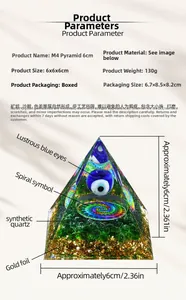 Macro view of a 6cm Evil Eye Orgone Pyramid with synthetic quartz and gold foil base