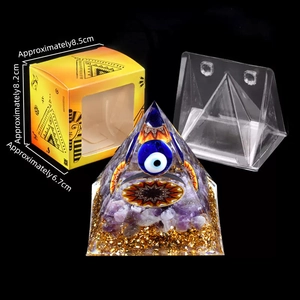 Amethyst crystal Orgone pyramid with blue evil eye bead and decorative gift box