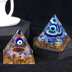 Evil Eye Orgone Energy Pyramid Healing Crystal Resin Ornament With Copper Coil Gold Foil Crushed Stone Desktop Home Decor