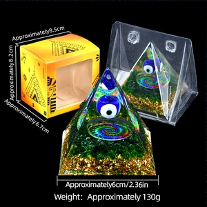 Blue Evil Eye resin crystal pyramid with gold foil and green stones, gift box included