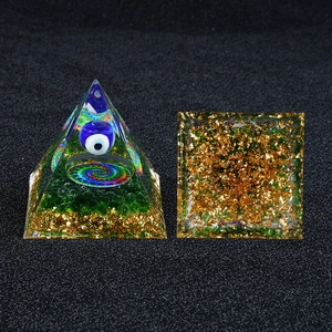 6cm Blue Evil Eye Orgonite Pyramid with green crystal stones and gold foil layers