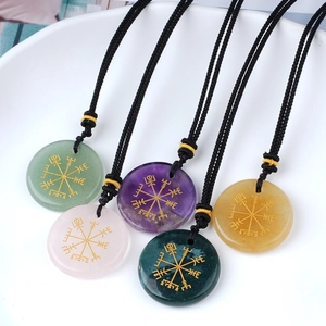 Collar de Ágata de Cristal Redondo Estilo Vikingo Colgante de Runa Brújula Vegvisir de Piedra Natural Cuerda Trenzada Ajustable Joyería