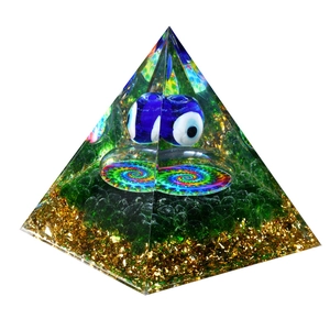 6cm Evil Eye crystal pyramid with blue bead and gold leaf flakes for home decor
