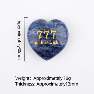 Blue natural crystal heart stone engraved with 777 make a wish golden text