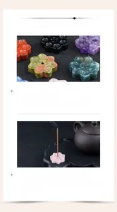 Close-up of polished lotus-shaped crystal incense holder with natural stone textures
