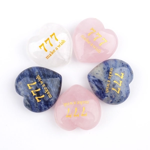 Polished heart-shaped natural crystals with golden 777 make a wish engraving set