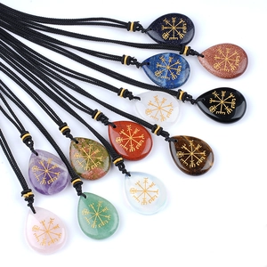 Teardrop natural stone Viking necklaces with gold Nordic compass symbols on black cords