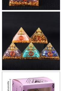 Detailed close-up of Orgonite Pyramids with natural stones, copper coils and gold foil base