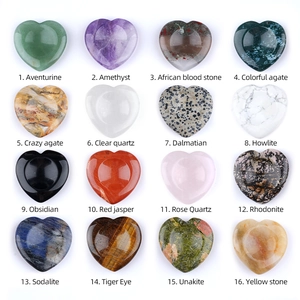 Set of 16 natural crystal heart worry stones in various gemstones and healing minerals