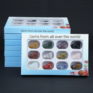 Set of 12 carved crystal and agate gemstone cat figurines in a premium display box