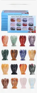 Set of 16 natural crystal angel figurines in various gemstones with blue gift box