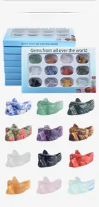 Set of 12 natural carved gemstone wolf heads in a blue gift box with foam inserts