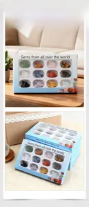 Detailed macro view of 12 assorted natural gemstone leaf carvings in a blue gift display box