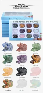 Set of 12 natural crystal mouse figurines in various gemstones with blue window display box
