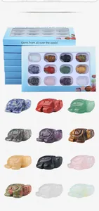 Set of 12 handcrafted mini gemstone turtles including amethyst and tiger eye in a gift box