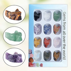 12Pcs Natural Semi-Precious Stone Wolf Head Carved Animal Figurines Mini Statues Box Set Healing Crystal Desktop Home Decor