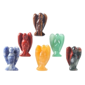 Set of 6 hand-carved natural crystal angel figurines including tiger eye and red jasper