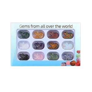 Set of 12 natural carved crystal animal figurines in various gemstones with gift box
