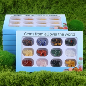 Coffret de 12 rhinocéros sculptés en cristal naturel sur fond de mousse verte et naturelle