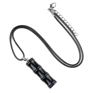 Natural black agate bamboo pendant necklace with adjustable black cord and silver clasp