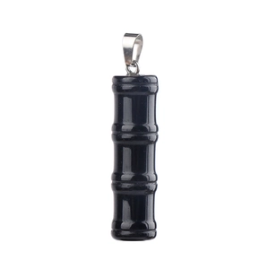 Polished natural black agate bamboo segment pendant with silver stainless steel clasp