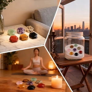 Polished natural crystal star gemstones including amethyst and rose quartz for meditation