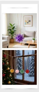 Detailed view of colorful snowflake ornaments made of natural tiger eye stone for Christmas