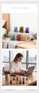 Detail view of mini hand-carved gemstone cat statues on a cozy bedroom bedside table